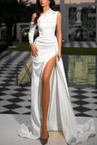 Beautiful Long White One Shoulder Sequined Evening Dresses With Slit