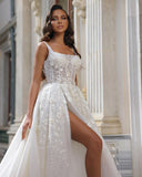 Beautiful Long White Straps A-line Sleeveless Lace Wedding Dress With Slit-misshow.com