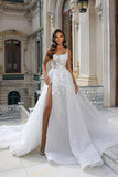 Beautiful Long White Straps A-line Sleeveless Lace Wedding Dress With Slit