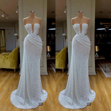 Beautiful Long White V-neck Sleeveless Sequined Mermaid Prom Dress-misshow.com