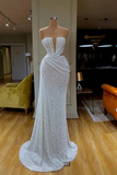 Beautiful Long White V-neck Sleeveless Sequined Mermaid Prom Dress-misshow.com