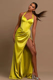 Beautiful Long Yellow Halter Sleeveless Prom Dress With Slit-misshow.com