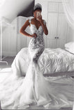 Beautiful Mermaid Straps Wedding Dress Sheer Tulle Sleeveless Appliques Bridal Wears