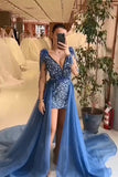 Beautiful Mini V-Neck Long Sleeveless Sheath Sequined Prom Dress with Court Train-misshow.com