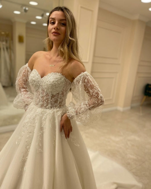 Beautiful Off-the-shoulder A-Line Wedding Dresses with Lace-misshow.com