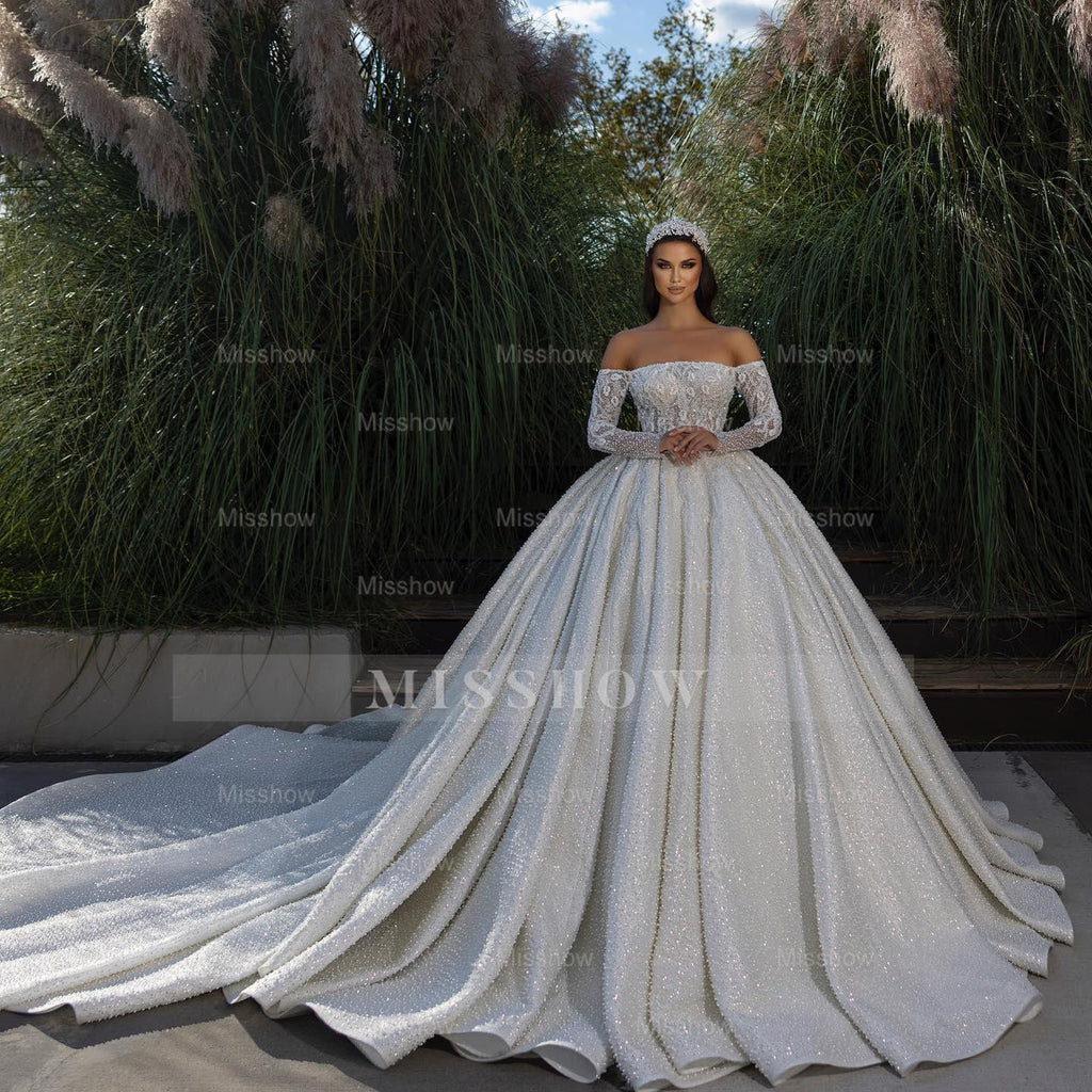 Designer White A-line Off-the-shoulder Wedding Dress With Pearls main image 1