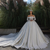 Beautiful Off-the-shoulder A-line White Lace Beading Wedding Dress With Long Sleeves-misshow.com