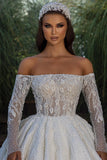 Beautiful Off-the-shoulder A-line White Lace Beading Wedding Dress With Long Sleeves