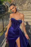 Beautiful Off-the-shoulder Glitter Split Front Mermaid Prom Dress-misshow.com