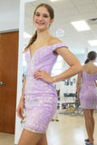 Beautiful Off-the-shoulder Lilac V-neck Homecoming Dress With Lace-misshow.com