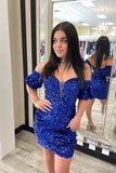 Beautiful Off-the-shoulder Royal Blue Backless Sequined Homecoming Dress