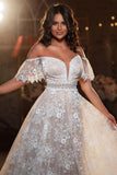 Beautiful Off-the-shoulder Short Sleeve A-Line Floor-Length Lace Wedding Dresses-misshow.com