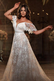 Beautiful Off-the-shoulder Short Sleeve A-Line Floor-Length Lace Wedding Dresses-misshow.com