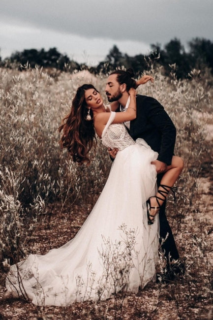 Beautiful Off-the-shoulder Sleeveless Column Floor-Length Tulle Wedding Dresses-misshow.com