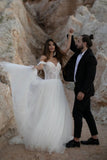 Beautiful Off-the-shoulder Sleeveless Column Floor-Length Tulle Wedding Dresses-misshow.com