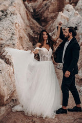 Beautiful Off-the-shoulder Sleeveless Column Floor-Length Tulle Wedding Dresses-misshow.com