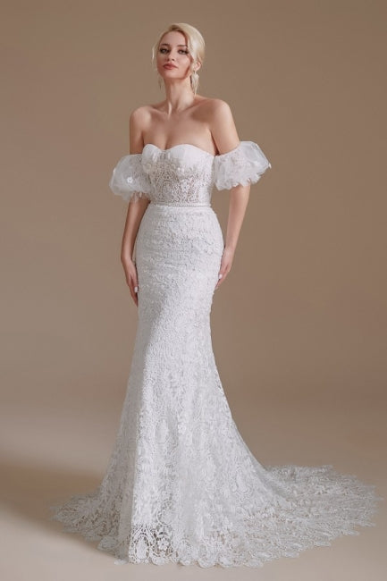 Beautiful Off-the-shoulder Sleeveless Mermaid Floor-Length Lace Wedding Dresses with Applique-misshow.com