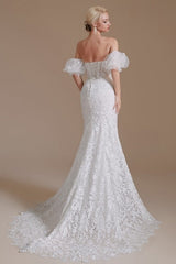 Beautiful Off-the-shoulder Sleeveless Mermaid Floor-Length Lace Wedding Dresses with Applique-misshow.com