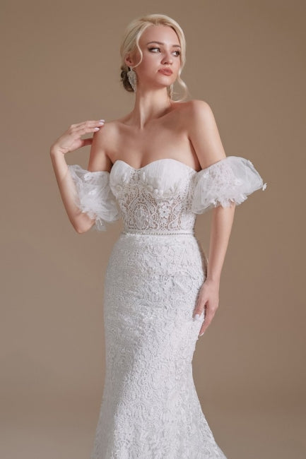 Beautiful Off-the-shoulder Sleeveless Mermaid Floor-Length Lace Wedding Dresses with Applique-misshow.com