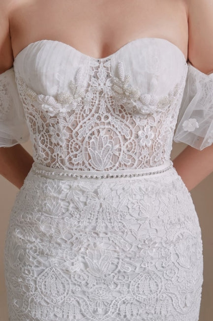 Beautiful Off-the-shoulder Sleeveless Mermaid Floor-Length Lace Wedding Dresses with Applique-misshow.com