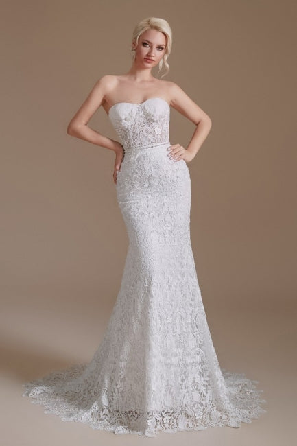 Beautiful Off-the-shoulder Sleeveless Mermaid Floor-Length Lace Wedding Dresses with Applique-misshow.com