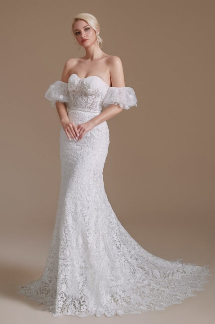 Beautiful Off-the-shoulder Sleeveless Mermaid Floor-Length Lace Wedding Dresses with Applique-misshow.com