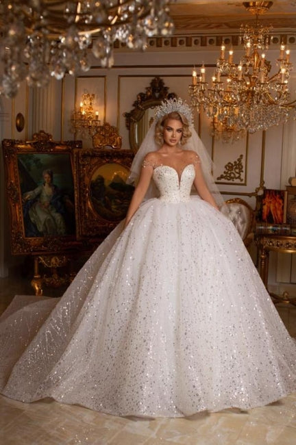 Beautiful Off-the-shoulder Sweetheart Sleeveless Ball Gown Wedding Dress With Glitter-misshow.com