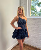 Beautiful One Shoulder Sequined Lace Short Homecoming Dress-misshow.com