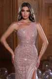 Beautiful One Shoulder Sleeveless Beading Split Front Mermaid Prom Dress-misshow.com
