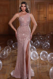 Beautiful One Shoulder Sleeveless Beading Split Front Mermaid Prom Dress