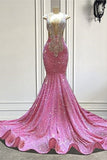 Beautiful Pink Sequined Sleeveless Straps Floor Length Beading Mermaid Prom Dress-misshow.com