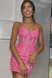 Beautiful Pink Spaghetti Straps Sleeveless Appliques Homecoming Dresses
