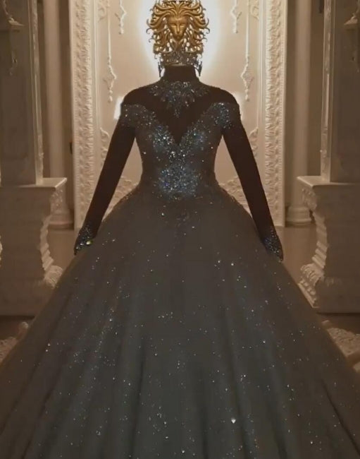 Beautiful Princess A-line Jewels Lace Wedding Dresses With Long Sleeves-misshow.com