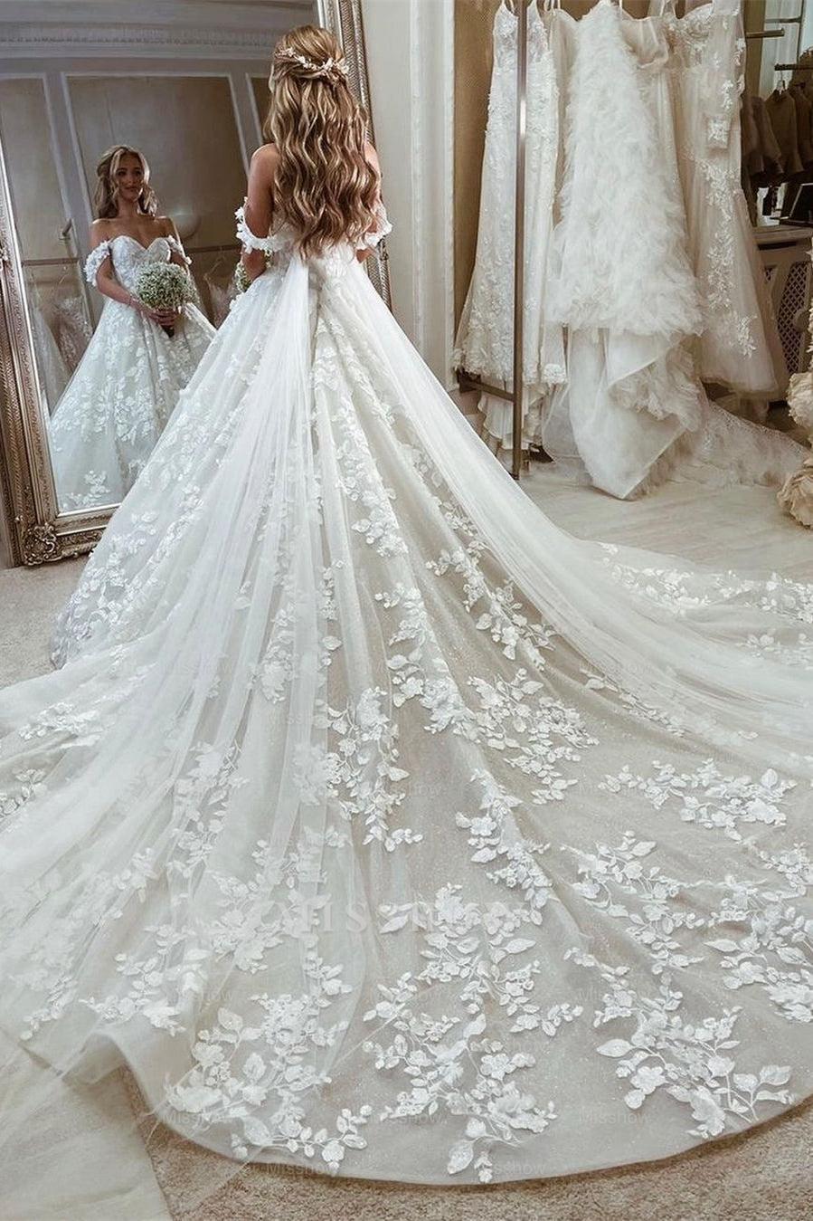 Beautiful Princess Off-The-Shoulder A-Line Appliques Wedding Dress with Train Beautiful Princess Off-The-Shoulder A-Line Appliques Wedding Dress with Train
