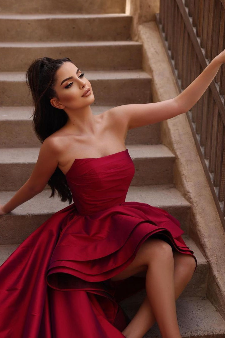 Beautiful Red A line Sleeveless Ruffles Prom Dress With Train misshow