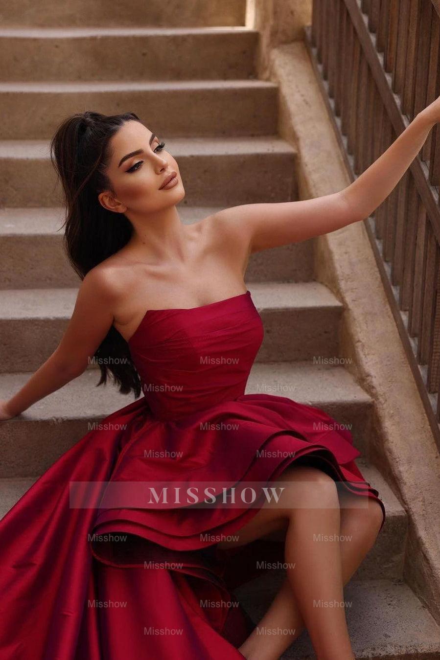 Beautiful Red A-line Sleeveless Ruffles Prom Dress With Train misshow.com Beautiful Red A-line Sleeveless Ruffles Prom Dress With Train misshow.com