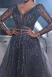 Beautiful Sequined V-neck A-line Sleeveless Prom Dress With Long Sleeves-misshow.com