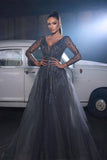 Beautiful Sequined V-neck A-line Sleeveless Prom Dress With Long Sleeves-misshow.com