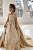 Beautiful Short Sleeve Appliques Lace Ball Gown Backless Flower Girl Dress