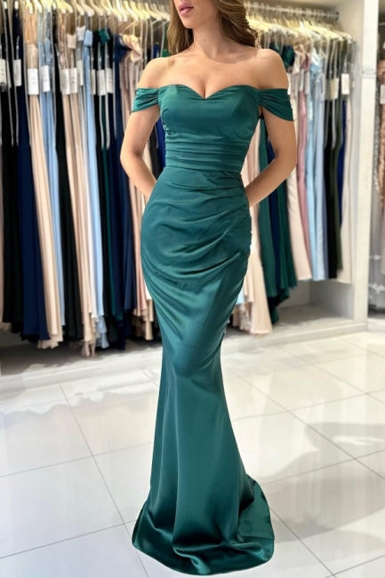 Beautiful Simple Long Dark Green Off-the-shoulder Mermaid Sleeveless Evening Dresses-misshow.com