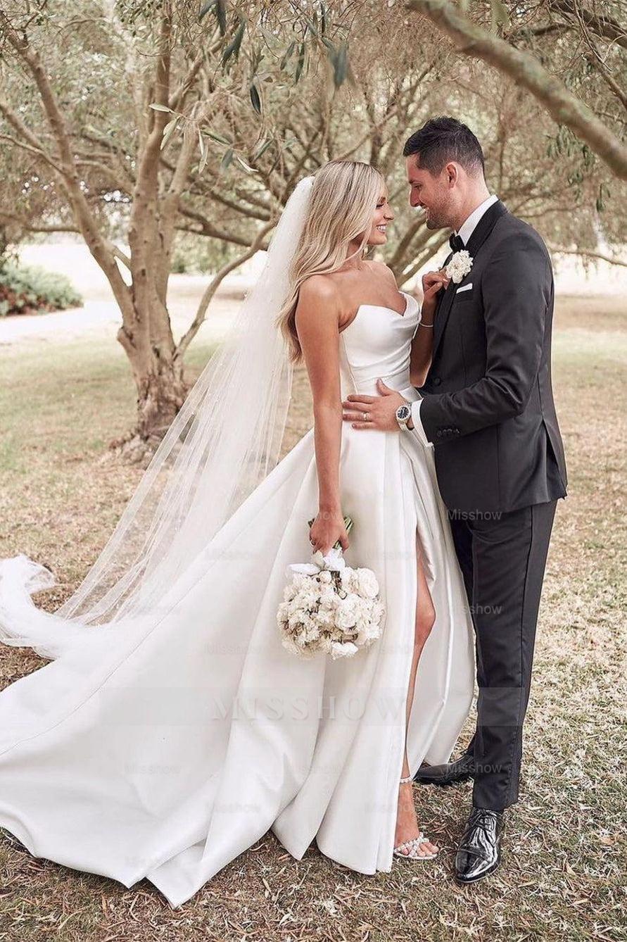Beautiful Simple White A-Line Wedding Dress with Side Slit Beautiful Simple White A-Line Wedding Dress with Side Slit