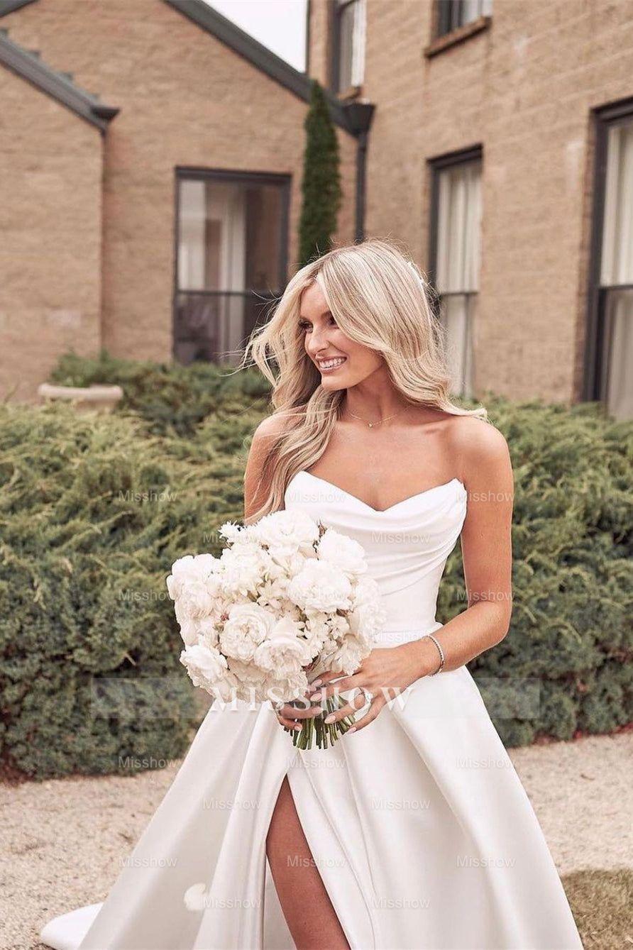 Beautiful Simple White A-Line Wedding Dress with Side Slit Beautiful Simple White A-Line Wedding Dress with Side Slit