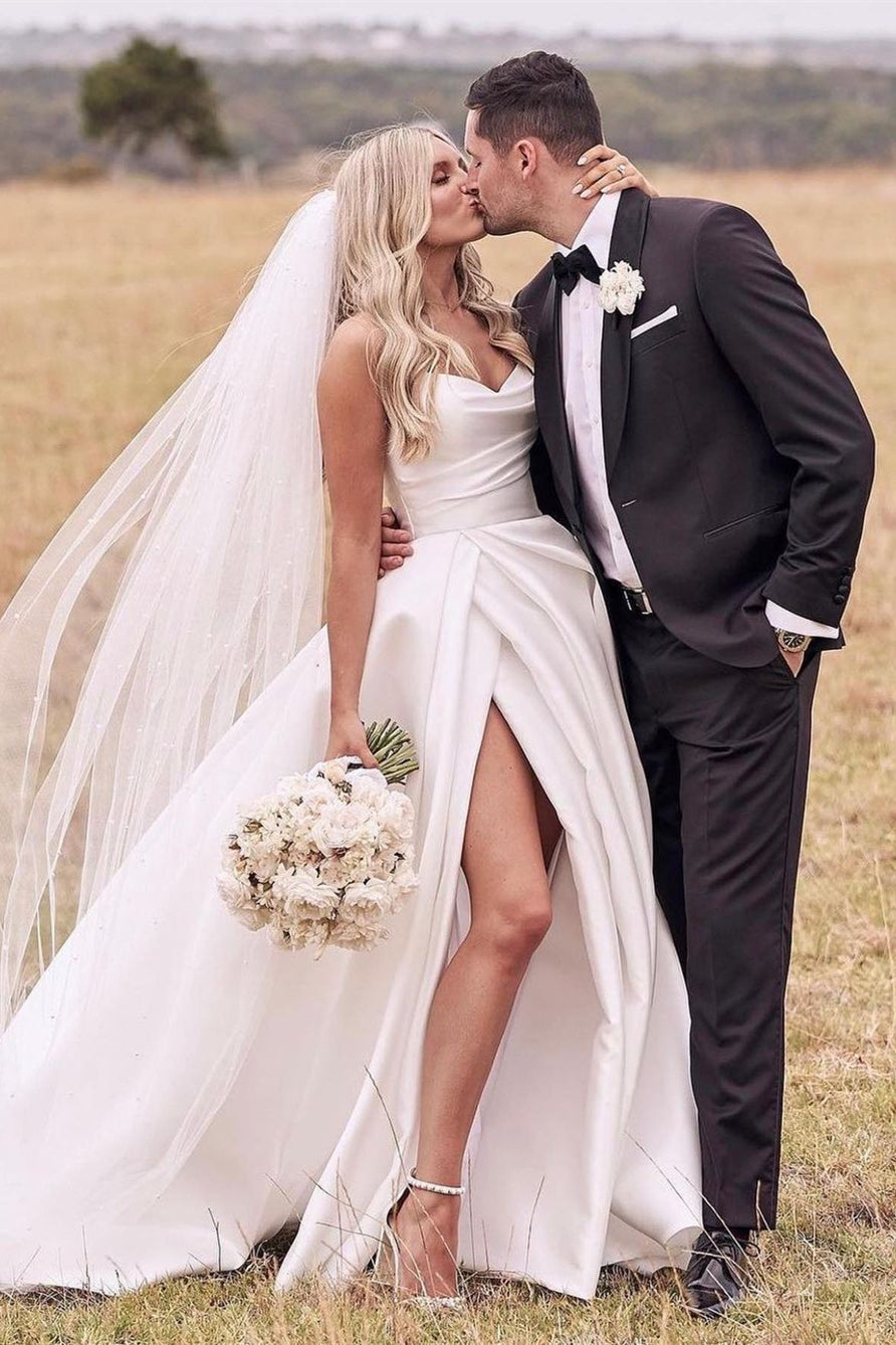 Beautiful Simple White A-line Wedding Dress With Side Slit-misshow.com