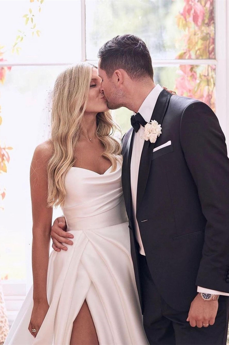 Beautiful Simple White A-line Wedding Dress With Side Slit-misshow.com