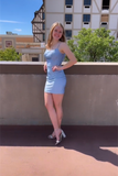 Beautiful Sky Blue Spaghetti Straps Sleeveless Homecoming Dresses-misshow.com