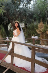 Beautiful Spaghetti Sleeveless A-Line Floor-Length Tulle Wedding Dresses with Chapel Train-misshow.com