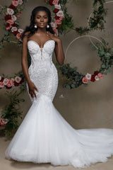 Beautiful Strapless Sweetheart Lace Mermaid Wedding Dress With Applique-misshow.com