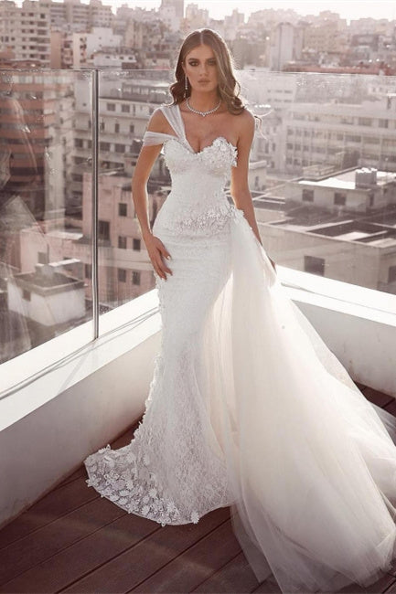 Beautiful Sweetheart Mermaid Tulle Wedding Dresses With Lace-misshow.com
