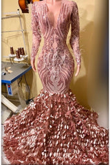 Beautiful V-Neck Long Sleeves Lace Mermaid Prom Dress with Appliques-misshow.com