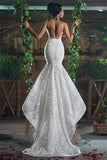 Wunderschönes Meerjungfrauen-Hochzeitskleid mit V-Ausschnitt, lange, atemberaubende Spitze, offener Rücken, Tüllträger, Brautmode